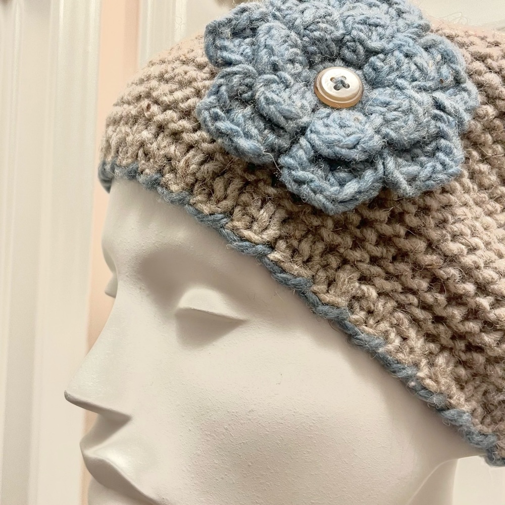 Crochet Beanie Beige with Blue Flower Accent Handmade Hat